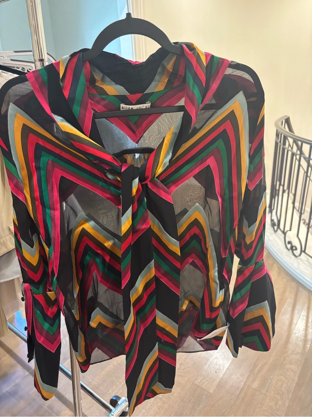 Sheer Multi-Stripe Tie-Neck Blouse - Black/Multi